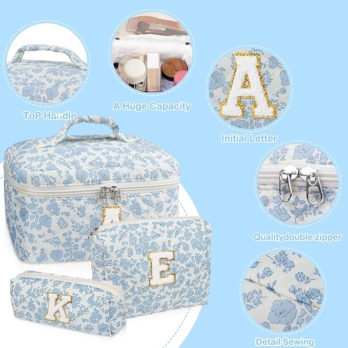Initial Makeup Bag Set, Personalized Quilted Makeup Bag, Large Floral Cosmetic Bag for Women, Cute Cotton Custom Make up Bags, Flower Travel Toiletry Bag Teen Girl Gift Blue Flower K