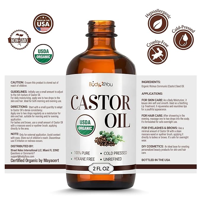 BodyJ4You Organic Castor Oil - 100% Pure Natural Cold Pressed USDA Certified Organic (2 Fl Oz (60 ml) - KIT)