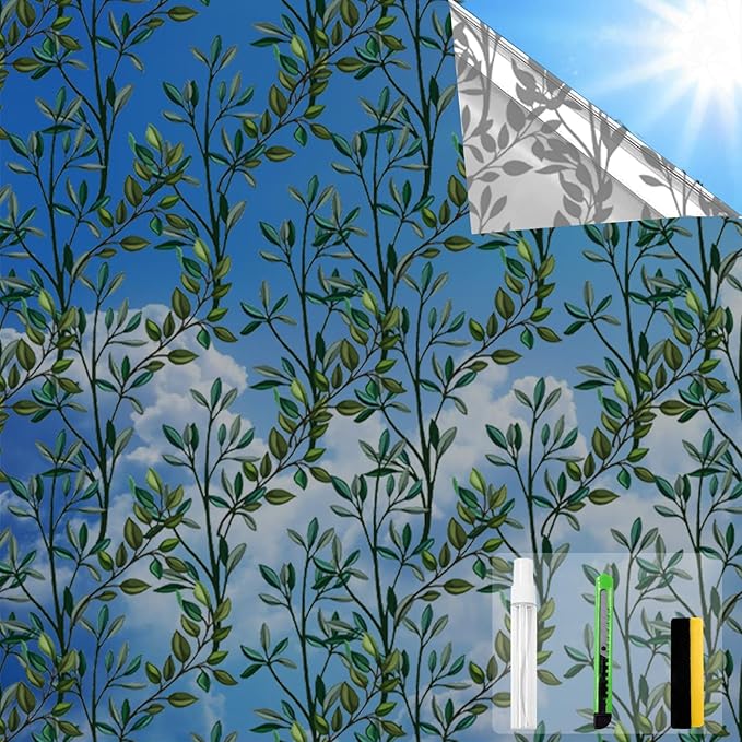 One Way Privacy Film, Window Tint for Home,Daytime Reflective, Anti UV Static Cling Sliding Door Coverings No Glue Garage Solar Paper (Black - Silver-Leaves, 45.27 x 78.7 in)