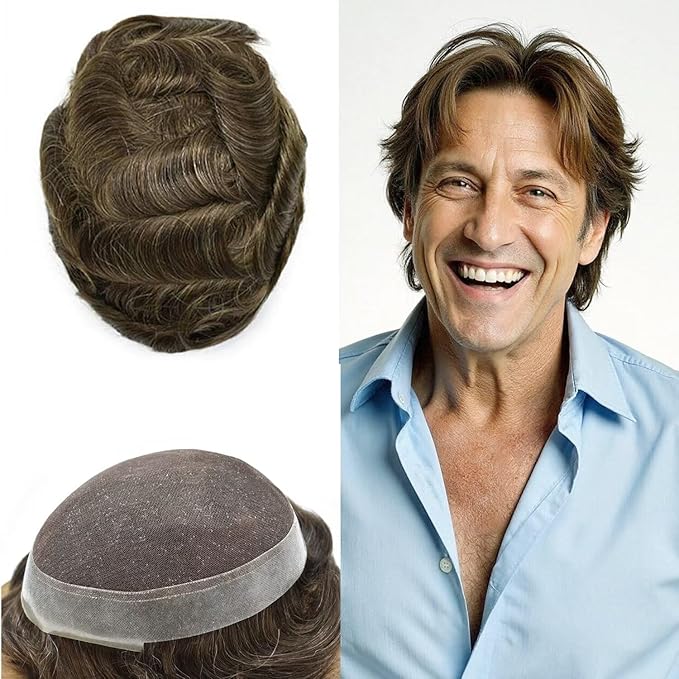 FACE MIRACLE Lace Front Mens Toupee Human Hair System Swiss Lace Center Toupee for Men Thin Skin PU Around Hair Replacement System V-Looped Mens Hair Wig Units 6"X8" 4# MEDIUM BROWN