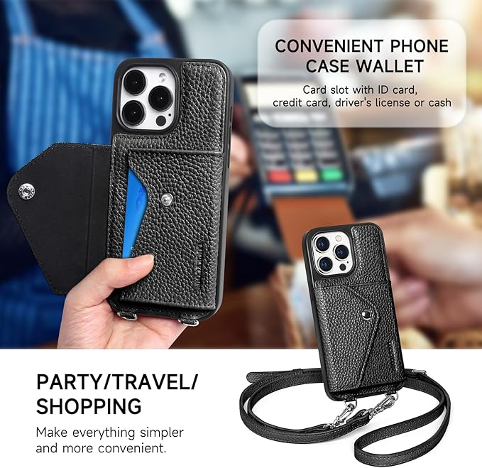 LUCKYCOIN Crossbody Wallet Phone Case for iPhone 15 Pro,100% Genuine Leather Wallet Phone Case with Expandable Flip Card Holder,Phone Purse for Women with Adjustable Removable Strap - Pebble Black