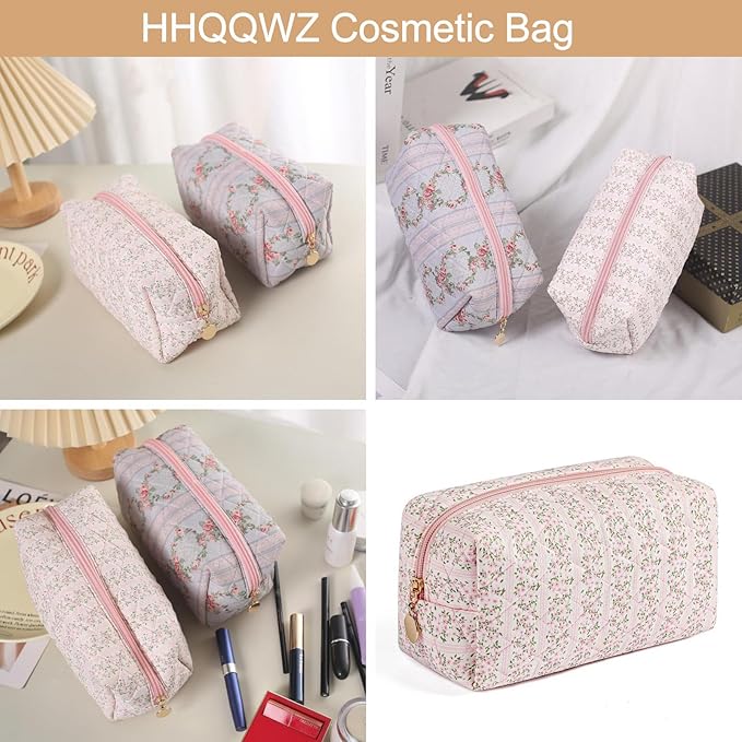 Makeup Bag Travel Cosmetic Bag for Women Girls, Zipper Make Up Pouch, Floral Flowers Toiletry Organizer Makeup, Portable Storage Cosmetic Travel Cloth Bag (Pink)