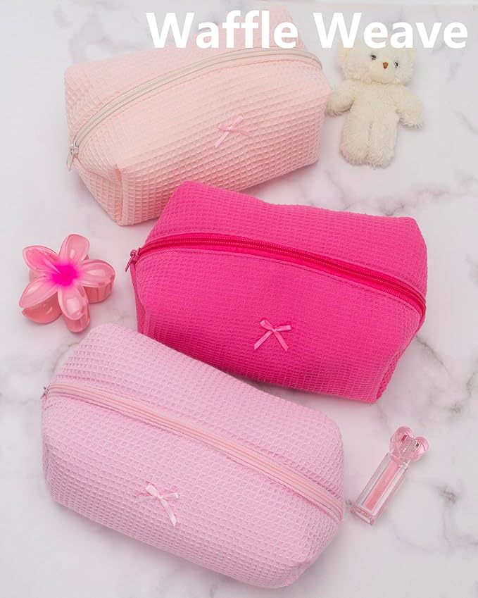 PAZIMIIK Cozy Makeup Bag Travel Cosmetic Bag for Women Soft Toiletry Bag Aesthetic Makeup Organizer Portable Large Zipper Pouch for Skincare Beauty Accessories Brushes Waffle Hotpink
