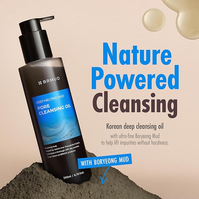 BRMUD Deep Melting Mud Pore Cleansing Oil - Gentle Make Up Facial Oil Cleanser with Boryeong Mud, Sunflower Seed & 7 Fermented Oils - Vegan & Non-Comedogenic Korean Skincare (6.76 fl oz)