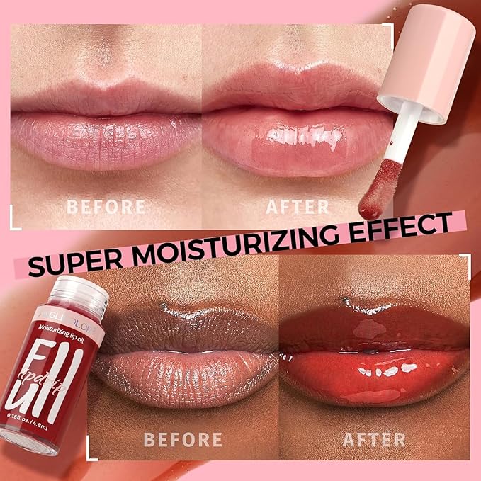 Anglicolor 2PC Lip Oil and Metallic Glitter Pink Lipstick,Natural Lip Plumper,Fruit Flavoured Lip Oil,For Dry Lip's Moisturizing Hydrating,Vegan & Cruelty-free (04 Medusa+15)