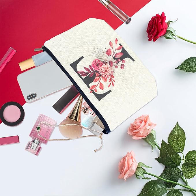 Initial A-Z Personalized Floral Makeup Bag, Monogrammed Birthday Gifts for Women Mom, Mothers Day Christmas Gift Ideas for Best Friend, Bride Bridesmaid, Her, Grandma, Small Travel Cosmetic Bag (T)