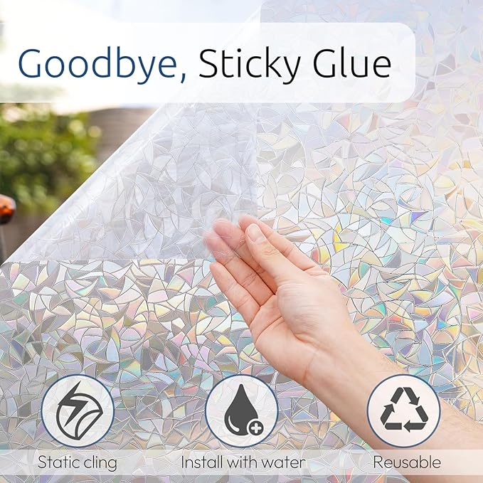 rabbitgoo Window Privacy Film Rainbow Film Decorative Window Sticker, 3D Static Stained Glass Cling Tint for Home Heat Control Non-Adhesive, 23.6 x 118.1 inches