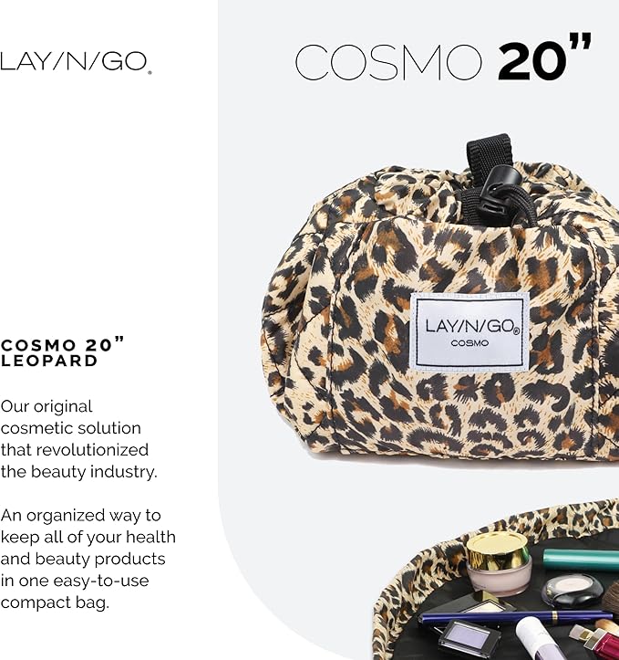 Lay-n-Go Cosmo Layflat Drawstring Cosmetic & Makeup Bag Organizer w/Zipper Pocket, Brush Loops & More, Cinch to Close, Lay Flat to Use, Durable, Machine Wash, Travel Toiletry Bag (22", Leopard)