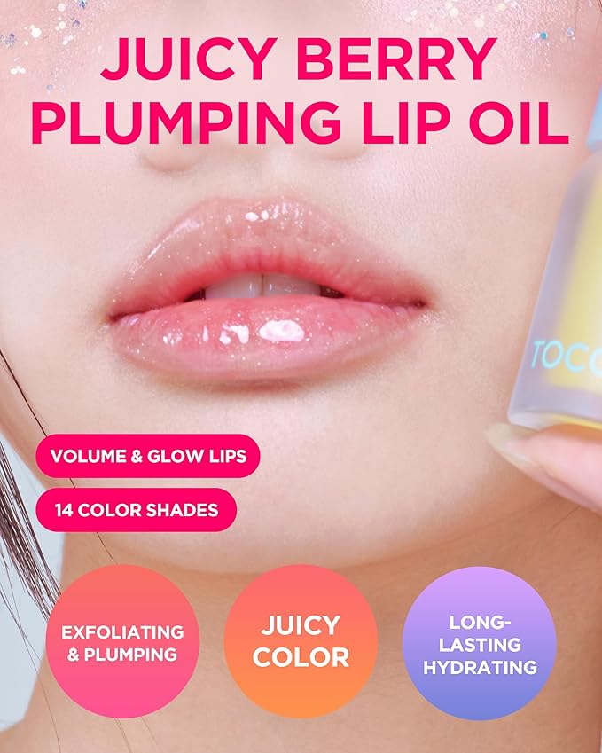 TOCOBO Juicy Berry Plumping Lip Oil Glam Max 00 Frozen Berry – Korean Vegan Hydrating Lip Oil with Plant Oils for High Shine Gloss - Non Sticky Formula for All Skin Tones, 0.12 fl.oz.