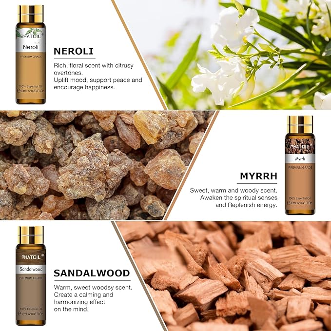 PHATOIL Premium Essential Oil Set - 9x10ML Pure Essential Oils for Massage, Aromatherapy, Diffusers, DIY - 0.33FL.OZ/Bottle