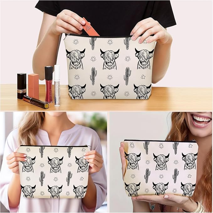 Western Cow Gifts Makeup Bag: Versatile Highland Cow -Themed Cosmetic Bags，Perfect for Teen Girls, Women & Cowgirl Stuff - Ideal Gift for Travel, Parties, Birthdays, Christmas.