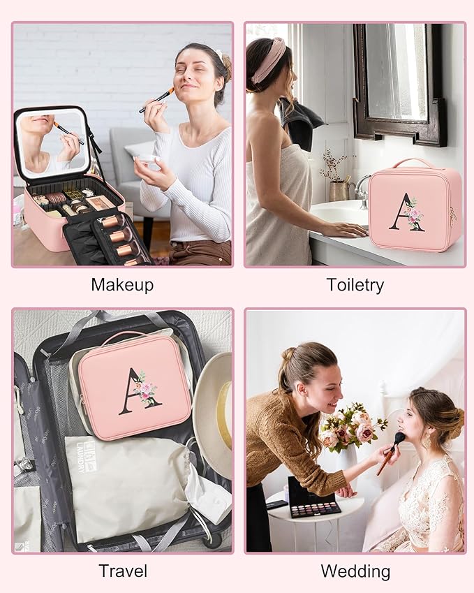 Relavel Initial Makeup Bag with LED Mirror for Women Girls, Personalized Travel Cosmetic Organizer Train Case, Birthday Gifts for Grandkids Bridesmaid Graduation Teacher Friends, Trendy Stuff, Pink H