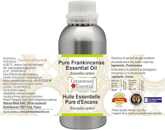 Greenwood Essential Pure Frankincense Essential Oil (Boswellia carterii) Steam Distilled 300ml (10.1 oz)