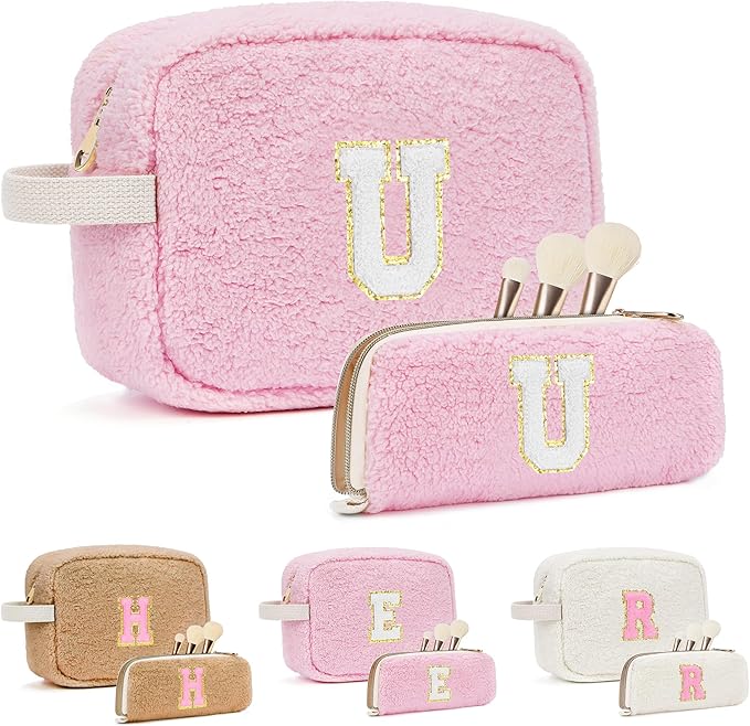 2PCS Makeup Bag with Initials, Christmas Day Gifts for Teen Girls Trendy Stuff, Personalized Cosmetic Travel Bag Pouch for Granddaughter, Cute Plush Make up Bags for Birthday - Pink U