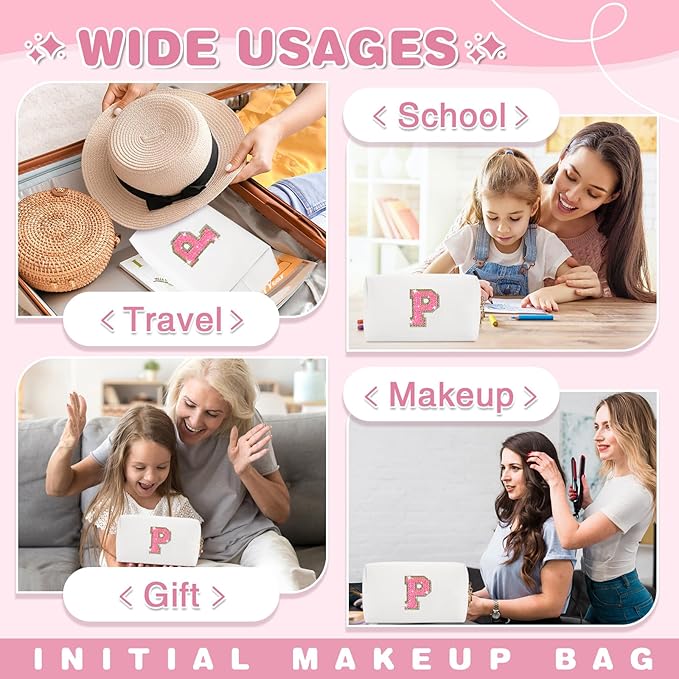 Small Personalized Initial A-Z Patch Makeup Bag,White Cute PU Leather Glitter Letter Cosmetic Bag for Teen Girls,Travel Toiletry Bag with Zipper,Preppy Monogrammed Birthday Gift for Daughter Niece P