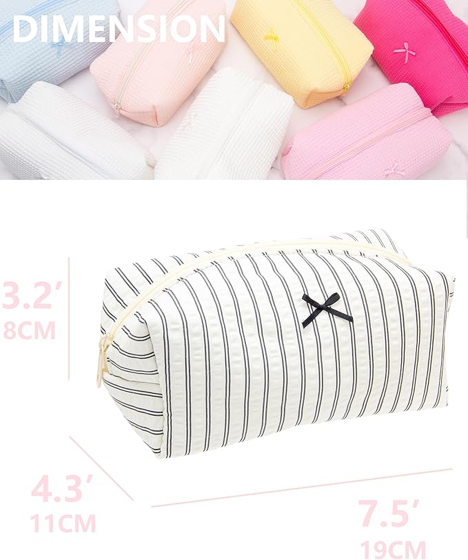 PAZIMIIK 2PCS Cozy Makeup Bag Small Aesthetic Travel Zipper Cosmetic Pouch for Women Make Up Beauty Accessories Brushes, Stripe Black