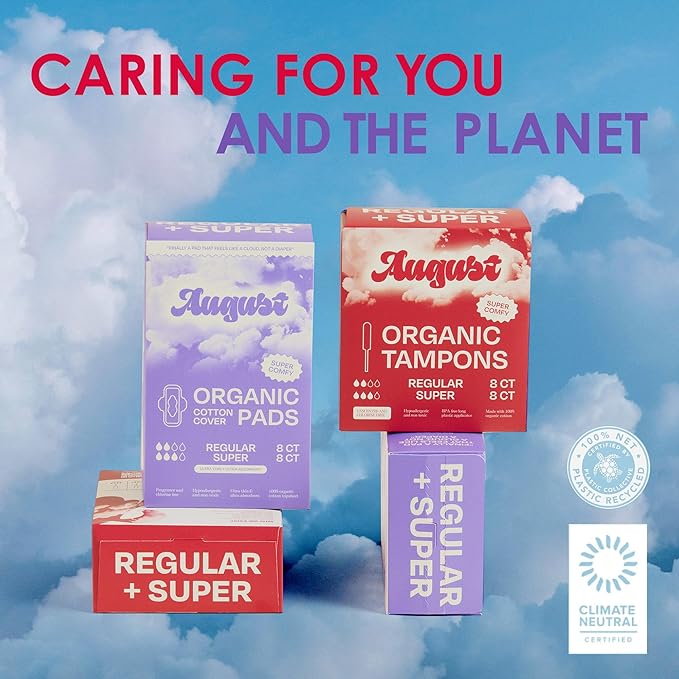 August Regular Cotton Menstrual Pads, 36-Pack Ultra Thin Pads with Wings, Hypoallergenic Sanitary Napkins with Organic Cotton Topsheet, Compostable Wrappers, Toxin Free, Fragrance Free