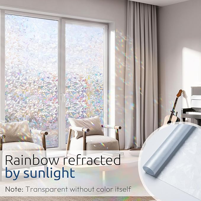 rabbitgoo Window Privacy Film Rainbow Film Decorative Window Sticker, 3D Static Stained Glass Cling Tint for Home Heat Control Non-Adhesive, 29.5 x 78.7 inches