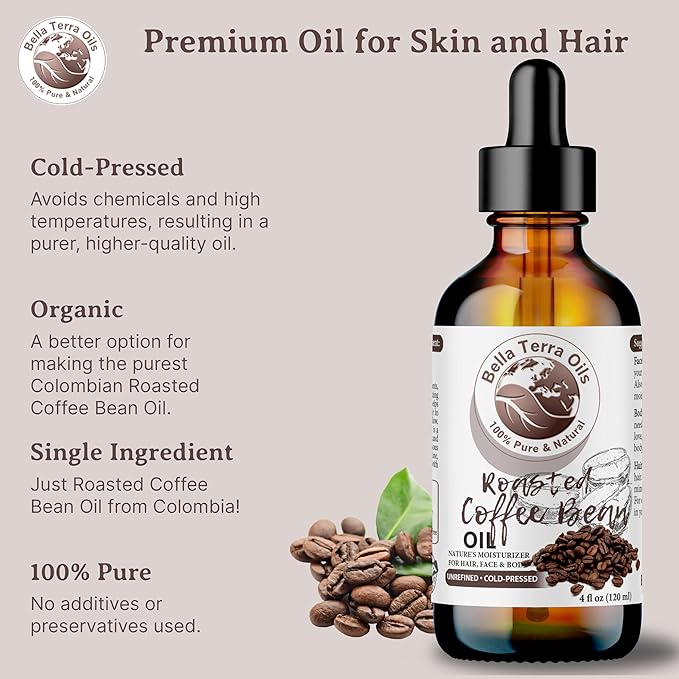 Bella Terra Oils - Roasted Coffee Bean Oil 16oz - Bask in the Richness of Coffee Bean Oil for Skin, Infused with Vitamin E, The Pinnacle of Skin Nourishment