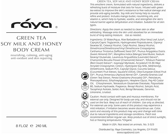 Raya Green Tea, Soy Milk, and Honey Body Cream 16 oz (S-523) | Nourishing, Calming, and Anti-Aging Body Cream | Protects and Refines Skin