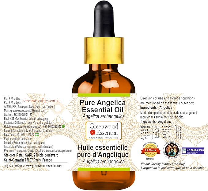 Greenwood Essential Angelica Essential Oil (Angelica archangelica) with Glass Dropper | Pure | Non-Sticky | Non-Greasy | Lightweight | Men & Women | All Skin Types | Steam Distilled 5ml (0.16 oz)