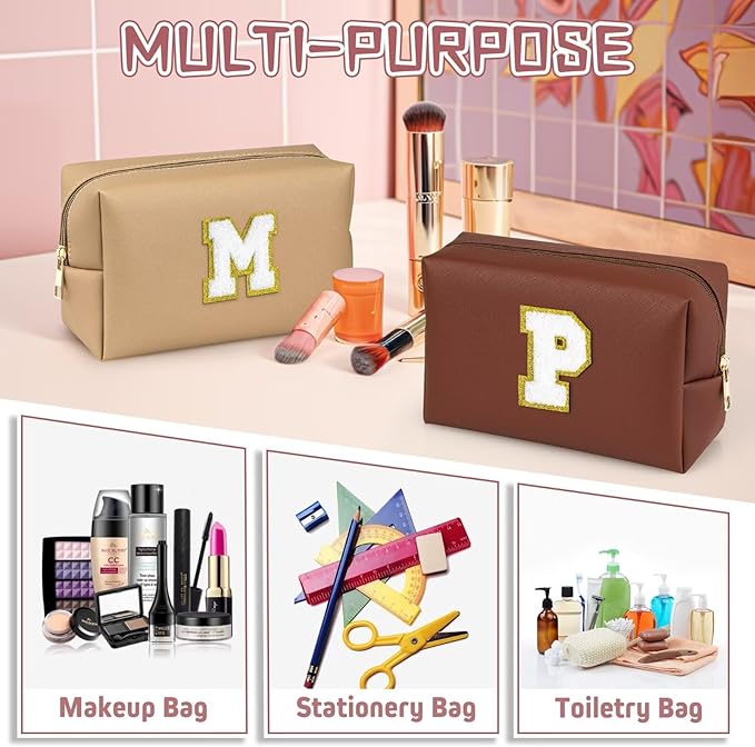 TOPEAST Preppy Stuff for Girls, Initial Makeup Bag Chenille Letter Pouch Cosmetic Bag with Zipper, PU Leather Waterproof Toiletry Bag, Cute Stuff Birthday Gift for Friends Sister (Brown T)