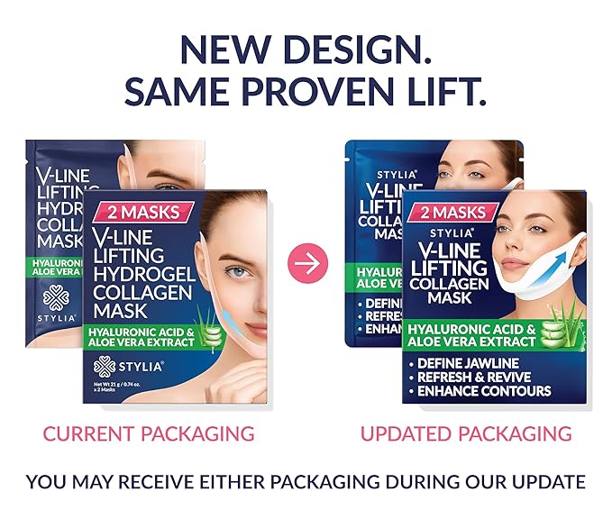 Stylia V Line Lifting Collagen Mask - Lift, Firm & Contour Jawline - Tightening Double Chin Strap with Hyaluronic Acid & Aloe - Neck Lift & Face Tightening Mask - Jawline Shaper Face Lift Tape (2PC)