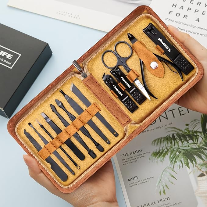 FAMILIFE Manicure Set, Professional Manicure Kit Nail Clipper Set Stainless Steel Pedicure Tools Kit with Leather Travel Case for Women Girl Men (Brown)