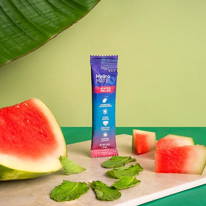 HydroMATE Electrolytes Powder Drink Mix Packets Hydration Accelerator Low Sugar Rapid Party Relief Recovery Vitamin C Plus Caffeine Watermelon 16 Count