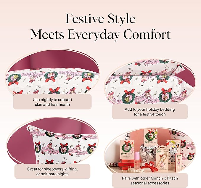 The Grinch x Kitsch Satin Pillowcase with Zipper for Hair & Skin - Softer Than Silk Pillow Cases, Smooth Cooling Pillow Cover, Wrinkle-Free, Machine Washable, Queen/Standard (19x26)- Cindy Lou