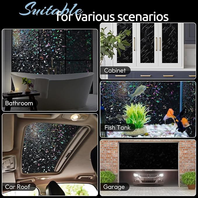 rabbitgoo Window Privacy Film Rainbow Film Decorative Window Sticker, 3D Static Stained Glass Cling Tint for Room Darkening Day Sleep, Black, 17.5 x 78.7 inches