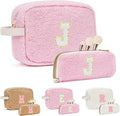 2PCS Makeup Bag with Initials, Christmas Day Gifts for Teen Girls Trendy Stuff, Personalized Cosmetic Travel Bag Pouch for Granddaughter, Cute Plush Make up Bags for Birthday - Pink J