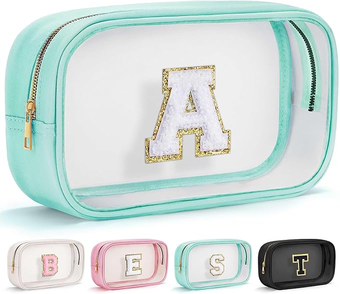 YOOLIFE Initial Clear Makeup Pouch, Clear Makeup Bag Cosmetic Travel Beach Toiletry Bag Travel Essentials Gifts for Women Teen Girlfriend Teacher Mom Birthday Gift for Women Teen Zipper Pouch Blue A