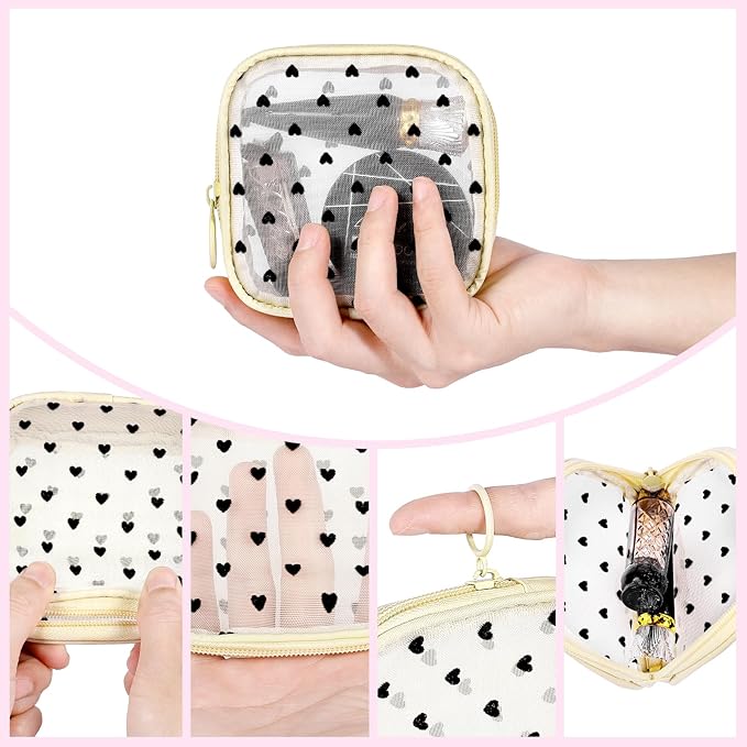 4 Pieces Mini Zipper Nylon Mesh Pouch, Mesh Cosmetic Bags Makeup Bags, Multipurpose Travel Toiletry Bags for Office Supplies and Travel Accessories (Heart Print-Pink, S)