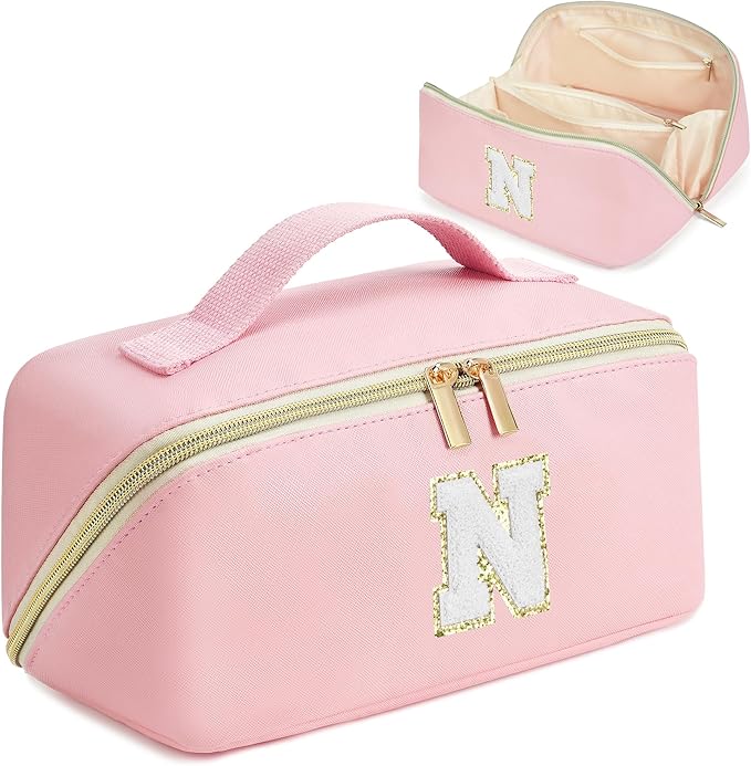 for Christmas Day Gifts, Makeup Bag for Women, PU Leather Travel Toiletry Bags, Initial Make Up Cosmetic Pouch for Teen Girls, Wide Open Portable Skincare Bag, Personalized Birthday Gifts, Pink N