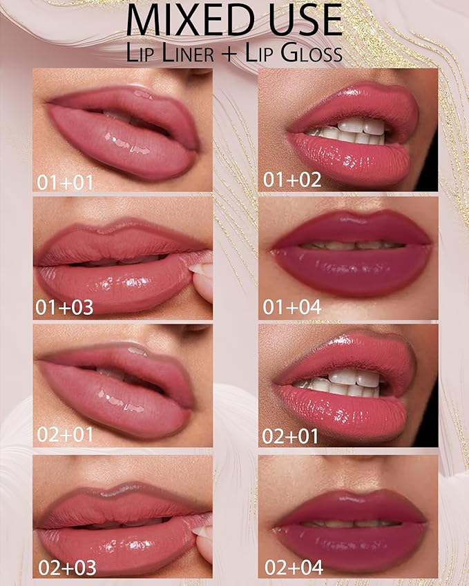Peel Off Tattoo Lip Liner Stain Lip Gloss Combo Sets, 2 Colors Rose Pink Brown Matte Lip Liner and Nourishing Lip Gloss Tint Stain Kit, Long Lasting Waterproof Non Sticky Liquid Lipstick Makeup-Set 04