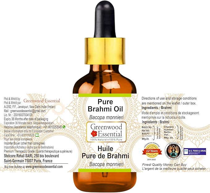 Greenwood Essential Pure Brahmi Oil (Bacopa monnieri) with Glass Dropper Premium Therapeutic Grade for Hair, Skin & Aromatherapy 5ml (0.16 oz)