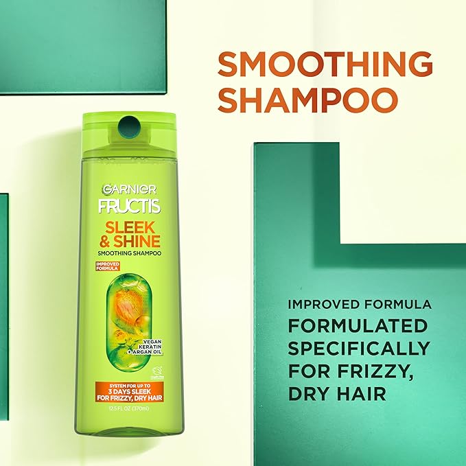 Garnier Fructis Sleek & Shine Full + Travel Size Shampoo (12.5 & 3 Fl Oz) + Conditioner (12 & 3 Fl Oz) Set for Frizzy, Dry Hair, Plant Keratin + Argan Oil (4 Items), 1 Kit (Packaging May Vary)