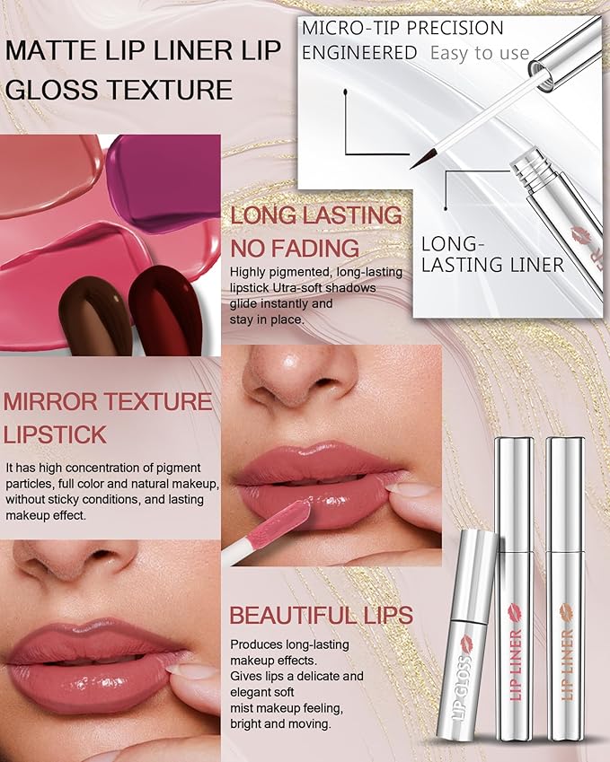 Peel Off Tattoo Lip Liner Stain Lip Gloss Combo Sets, 2 Colors Rose Pink Brown Matte Lip Liner and Nourishing Lip Gloss Tint Stain Kit, Long Lasting Waterproof Non Sticky Liquid Lipstick Makeup-Set 02