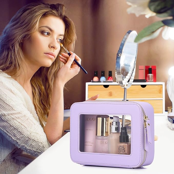 Pinkmik Clear Makeup Bag Waterproof Travel Case for Cosmetics and Toiletries Women's Purse Organizer and Clear Car Bag with Zipper (X/Purple, M+MINI)