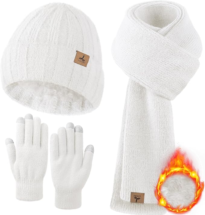 Winter Beanie Hat Scarf Gloves, Warm Fleece Knit Hat Long Scarf Neck Warmer Touch Screen Winter Gloves Set Gifts for Women