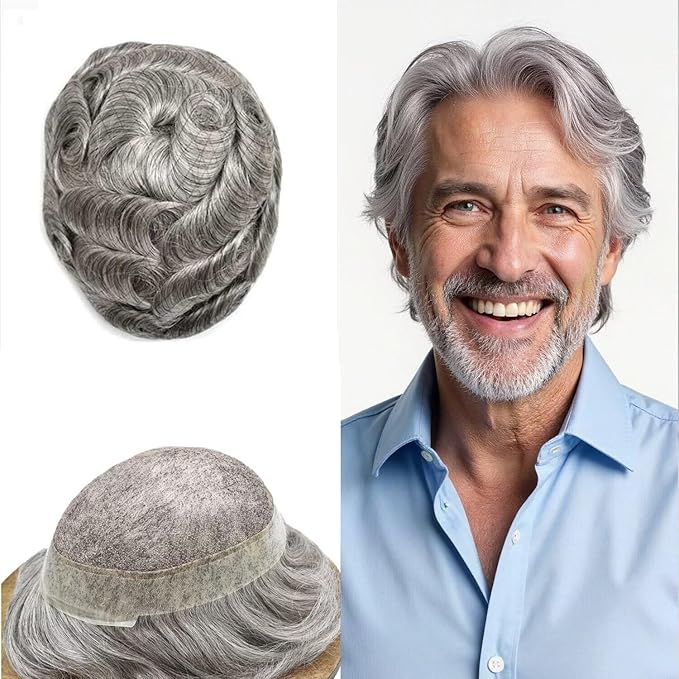 FACE MIRACLE Mens Toupee Lace Front Hairpieces Soft Human Hair Replacement System Natural Hairline Toupee for Men French Lace Poly V-Looped Mens hair Units 7"X9" #1B80 Off Black with 80% Gray