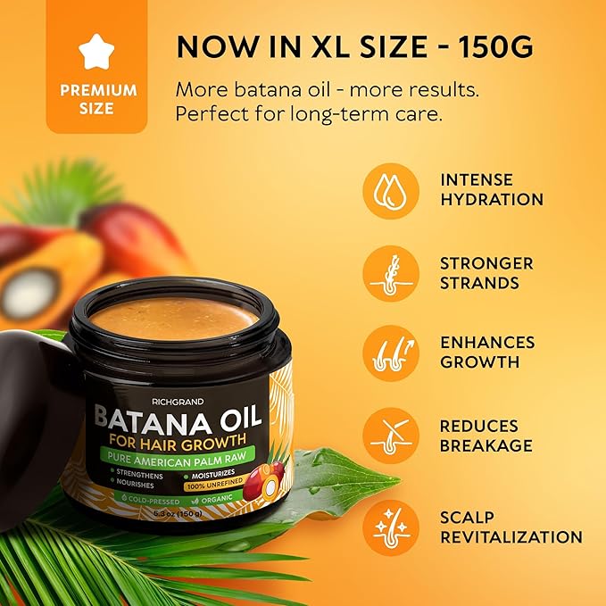 Batana Oil for Hair Growth - 100% Raw & Organic Dr Sebi Batana Oil - Cold-Pressed & Pure Unrefined Batana Hair Mask for Women & Men - Enhances Hair Thickness, Prevents Loss