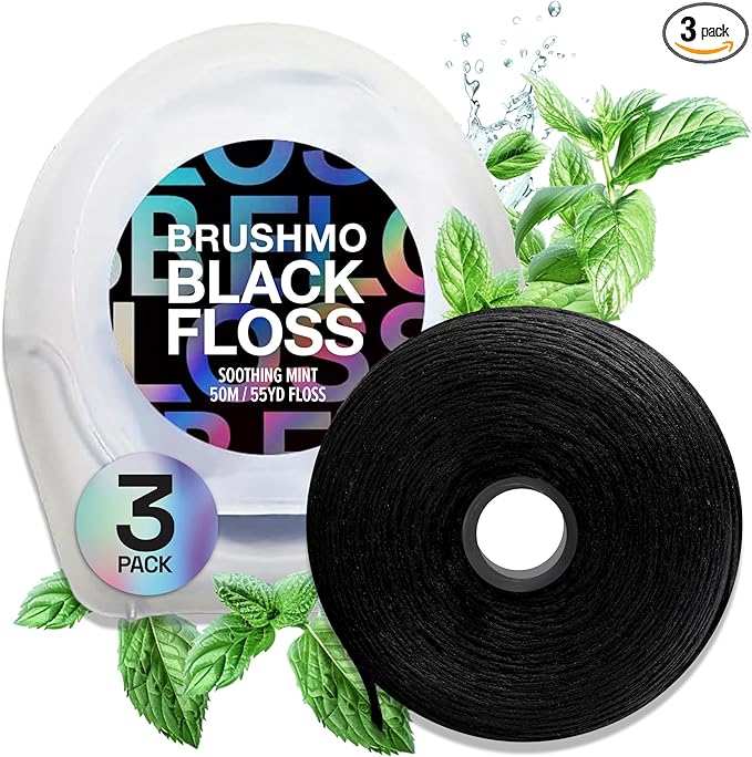 Brushmo Black Floss (BBFloss) - Expanding Floss, Gum-Friendly Soothing Mint Dental Floss, Natural Vegan Wax to Remove Plaque from Teeth, Dentist Designed PTFE & PFAS Free Oral Care, 3 Spools, 163 yd