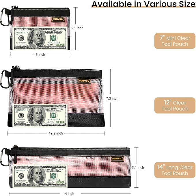 Clear Tool Pouch, 14" Long Tool Bag, Small Zipper Pouch, See Through Tool Pouch Bag for Tool Box Organizers and Storage, Heavy Duty Tool Bag for Men and Women, 3 Pack