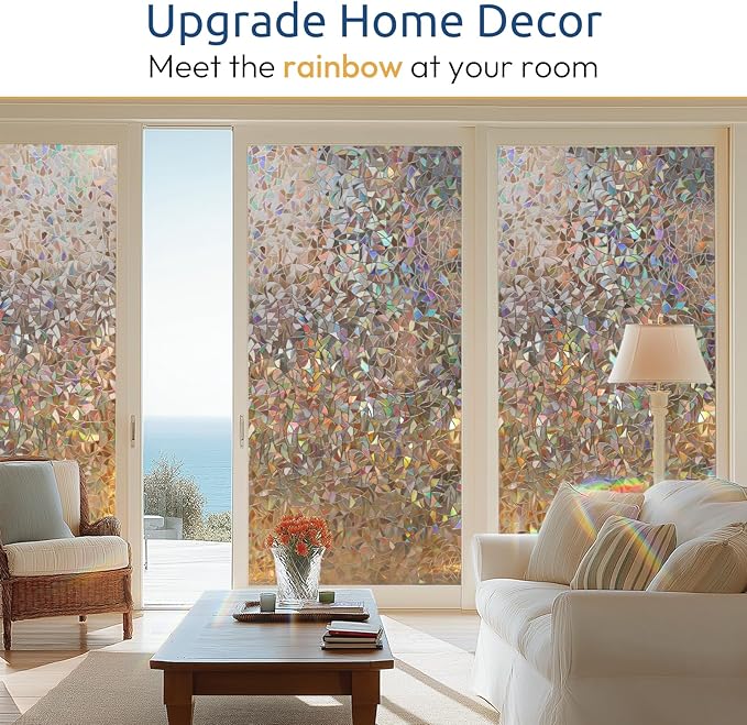 rabbitgoo Window Privacy Film Rainbow Film Decorative Window Sticker, 3D Static Stained Glass Cling Tint for Home Heat Control Non-Adhesive, Brown, 23.6 x 157.4 inches