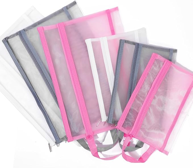 6 Pack Mesh Zipper Pouch Bags, Double Layer Nylon Pouch with Handle for Office Travel Organization (Blue, A4)