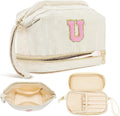 Makeup Bag for Girls Gift, Personalized Christmas Gifts Initial Women Makeup Bag for Travel, Double Layer Cosmetic Bag with Brush Organizer Preppy Make up Bag for Teen Girl Trendy - U
