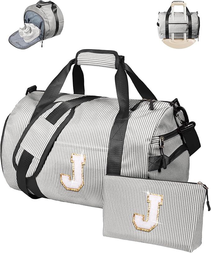 Teen Girls Birthday Gifts, Girls Travel Duffle Bag, Kids Initial Overnight Bags with Shoe Compartment, Monogram Weekender Bag with Makeup Pouch, Cute Stuff for Sister Daughter (Letter J)