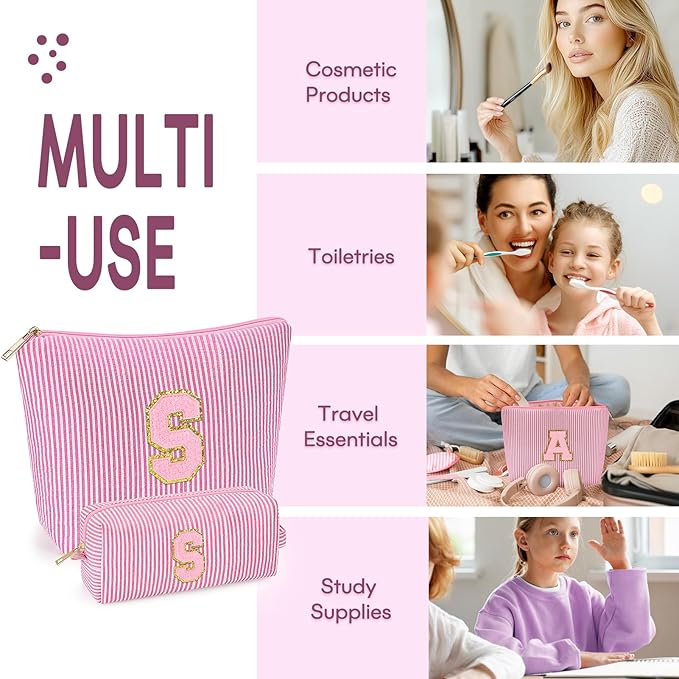 mibasies 2 PCS Initial Makeup Bags for Women: - Birthday Gifts for Teen Girls 11 12 13 14 15 16 Years Old - Preppy Trendy Stuff - Cosmetic Bag for Travel Toiletry - Pink S